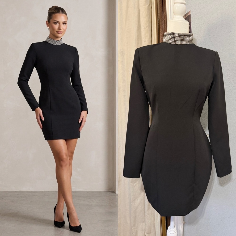Naked Wardrobe Black Mini Dress Size S Rhinestone Mock Neck Glam Luxury LBD Prom